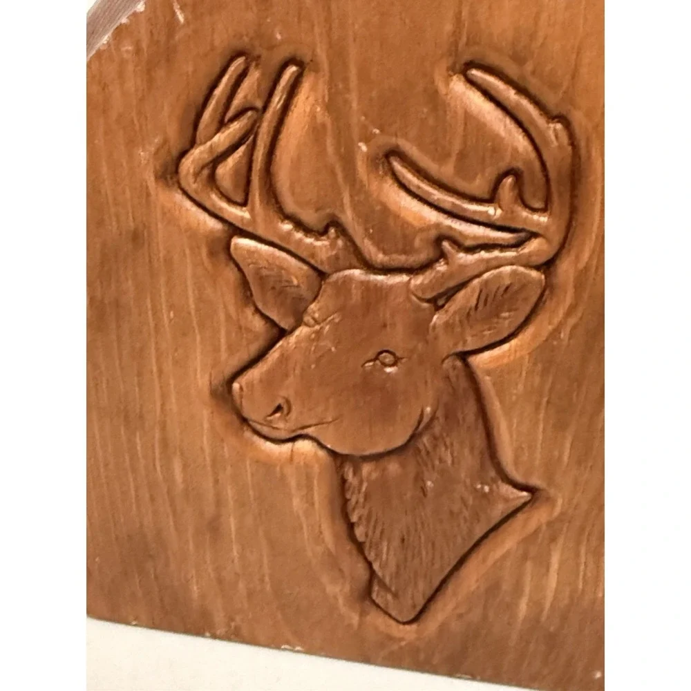 Vintage Pair of Bookends Engraved Wood Deer Stag Head Bookends‎ Rustic Decor